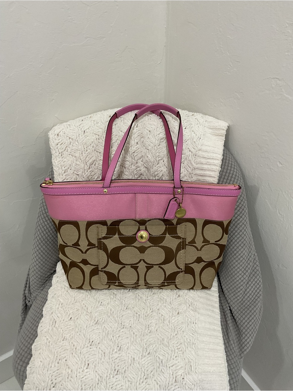 Coach Pink Trim Signature Canvas Tote